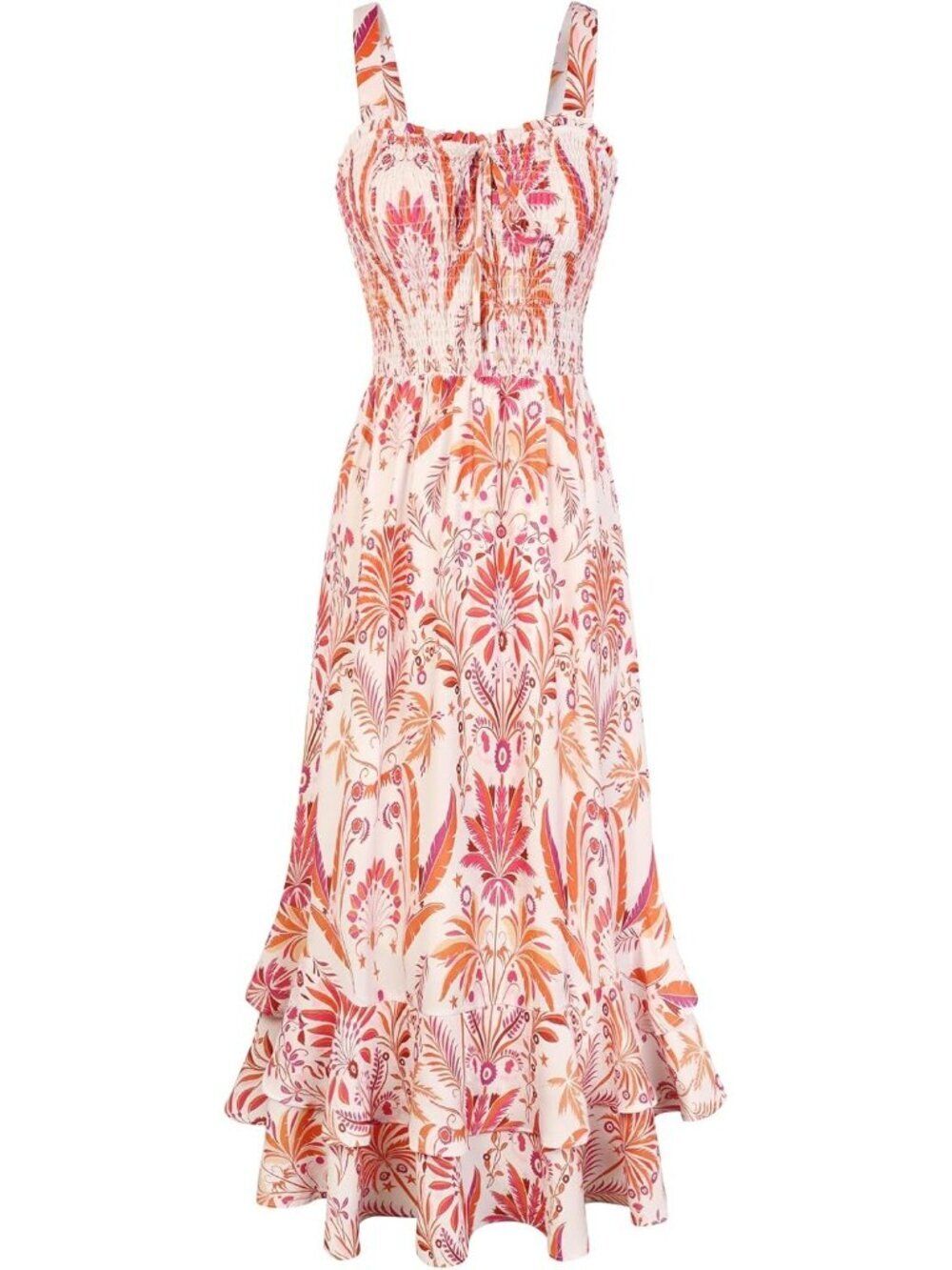 Women's Beige Floral Square Neck Strapped A LINE Floral Boho Long Maxi Dress